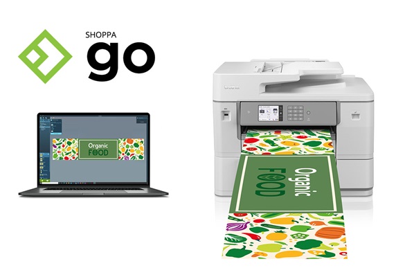 Shoppa Go -logo, tietokone ja MFC-J6959DW tulostin, joka tulostaa leveää banneria
