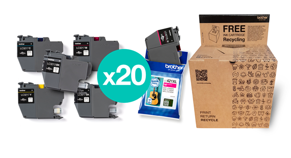 image showing up to 20 empty Brother inkjet cartridges next to Brother recycling box