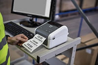 Mies tulostaa tietokoneesta tarraa varaston TD-4D-tulostimeen