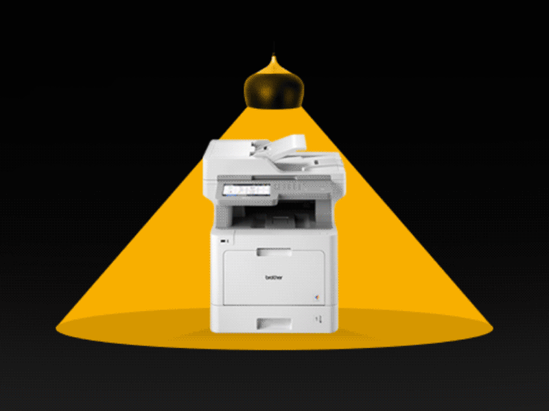 A Brother office business is overlooked by a yellow spotlight. Animated eyes surround the printer for a message about print security.
